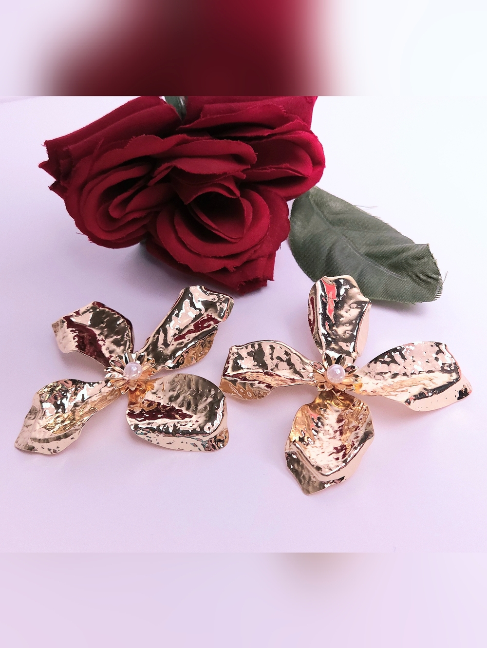 Giant Gold Tone Hammered Texture Flower Statement Earrings